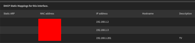 An OPNSense settings table showing a DHCP static assignment of 192.168.1.201 for my TV.