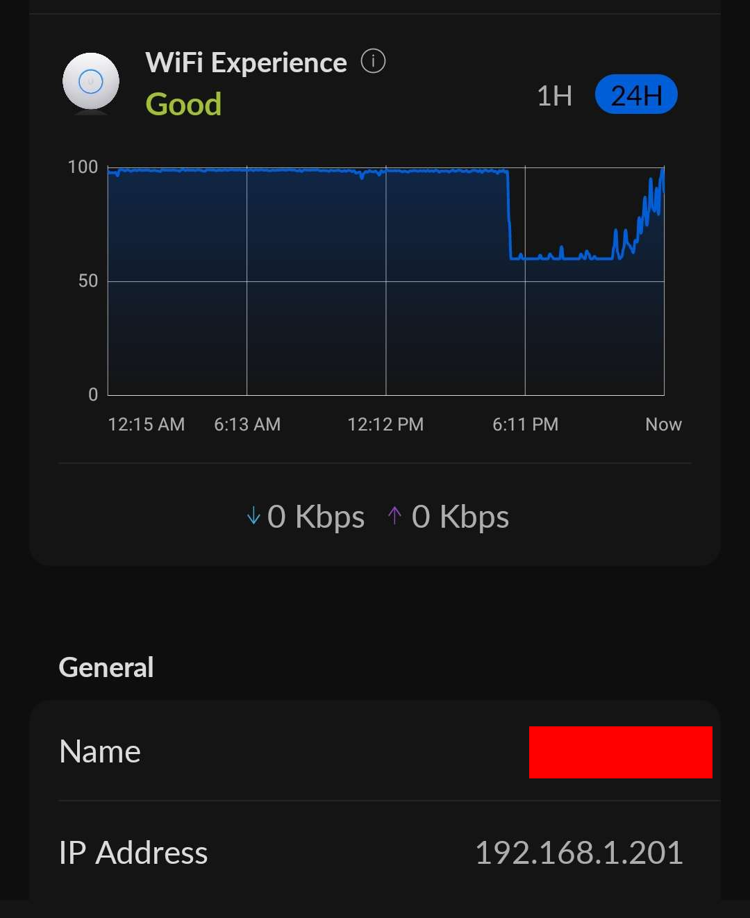 A graph showing my networks "WiFi Experience" over time. Around 6PM, the graph takes a nose-dive, and slowly recovers about an hour before "now"